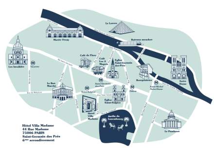Mapa turístico com os locais de interesse em Paris, ao redor do Hotel Villa Madame em Paris